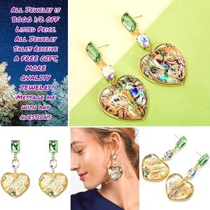 Gold plated green Iridescent crystal abalone heart drop earrings